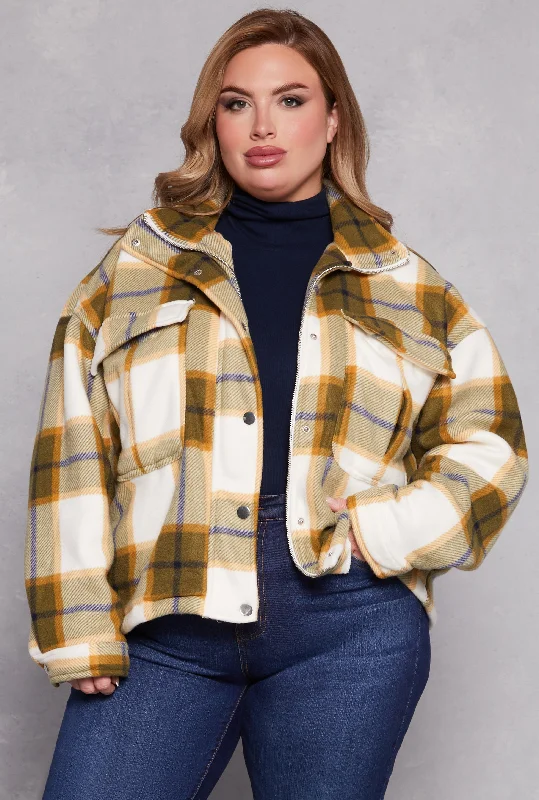 Plus Size Plaid Snap Button Zip Front Shacket