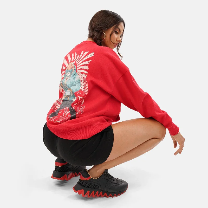 Urban Cheetah Oversized Fleece Sweatshirt in Red - Womens