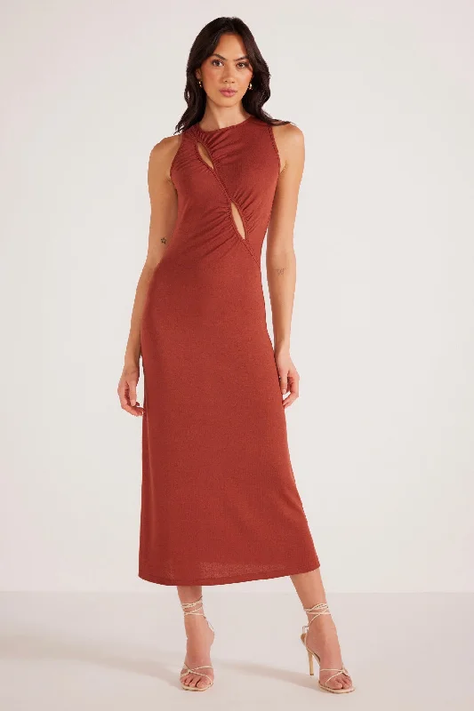 Vanessa Rust Ruched Midi Dress